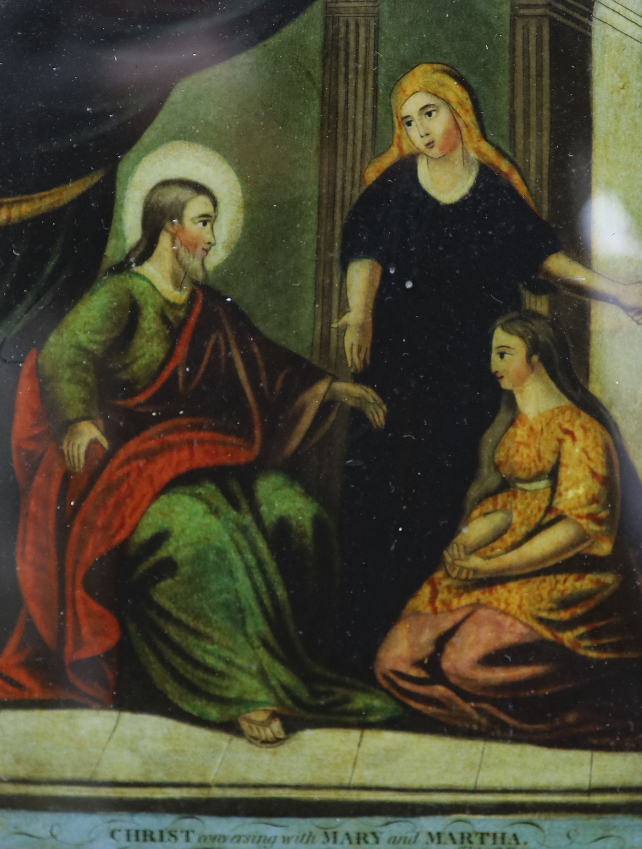 An early 19th century reverse print on glass, Christ conversing Mary and Martha, 21 x 16cm and a crystoleum, 13 x 9cm